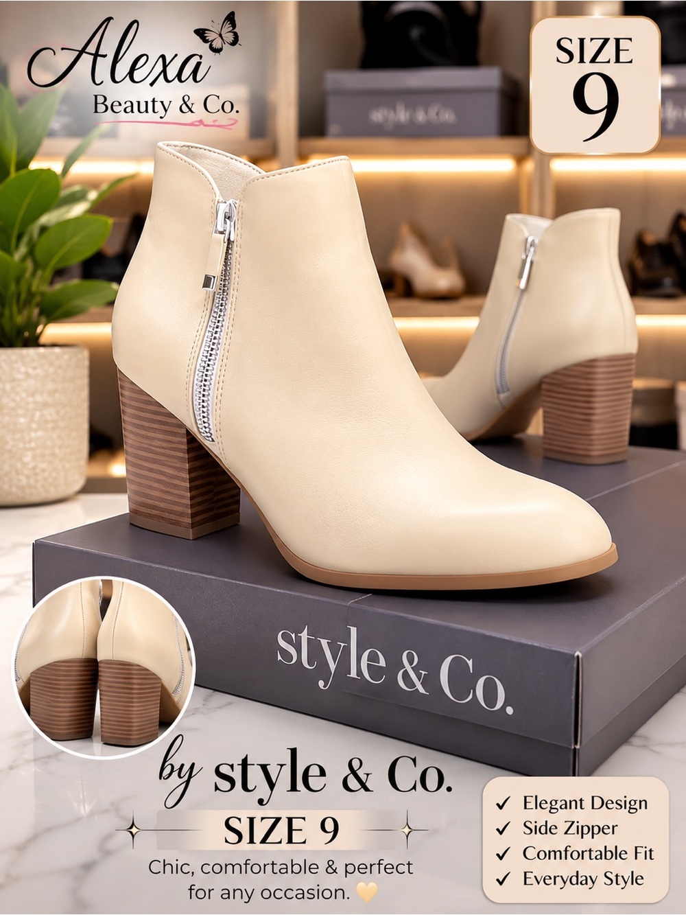 Style & Co. Women's Cream Ankle Boot with Side Zipper